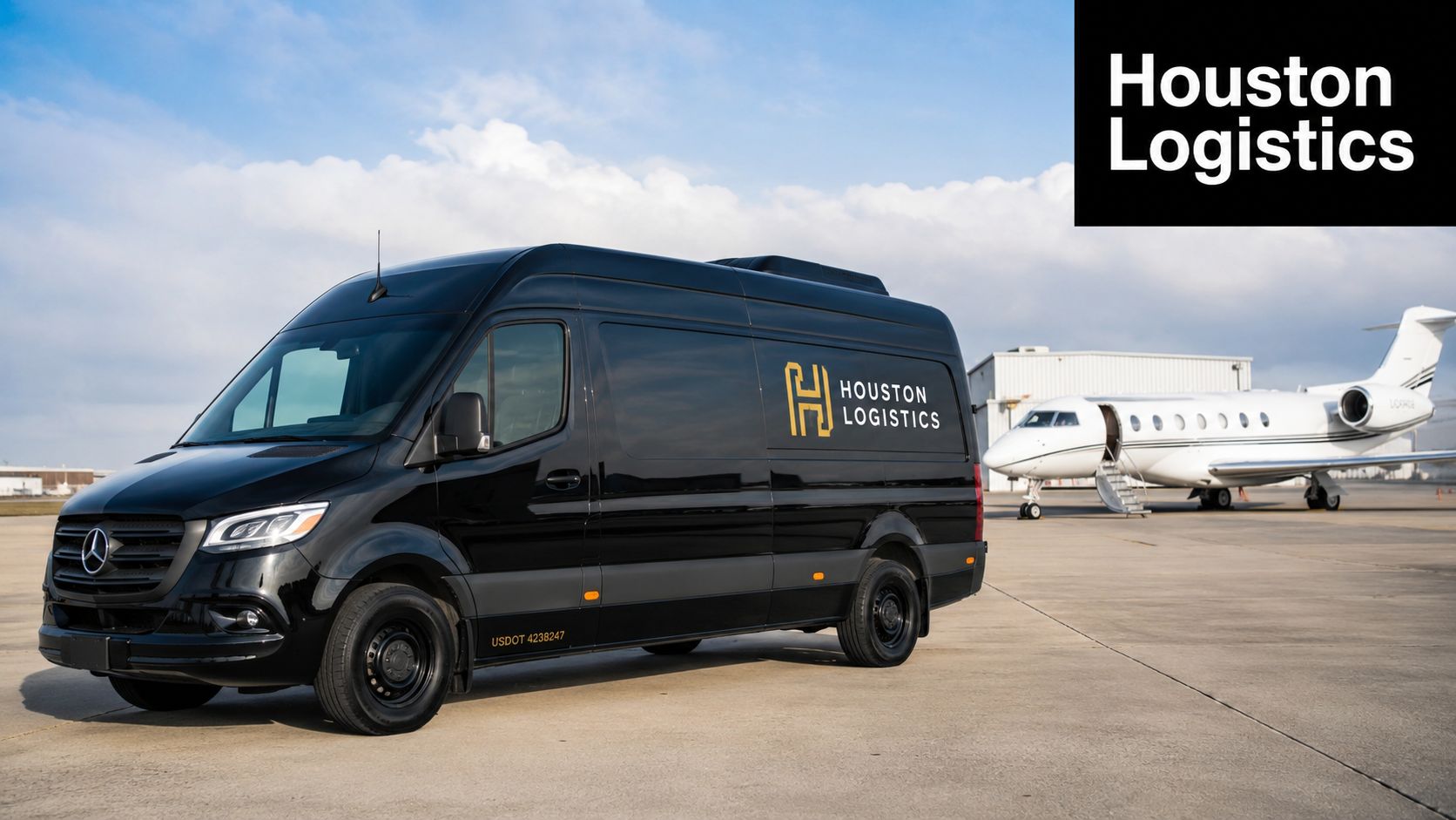 A black Mercedes-Benz cargo van branded with Houston Logistics parked on an airfield beside a private jet.