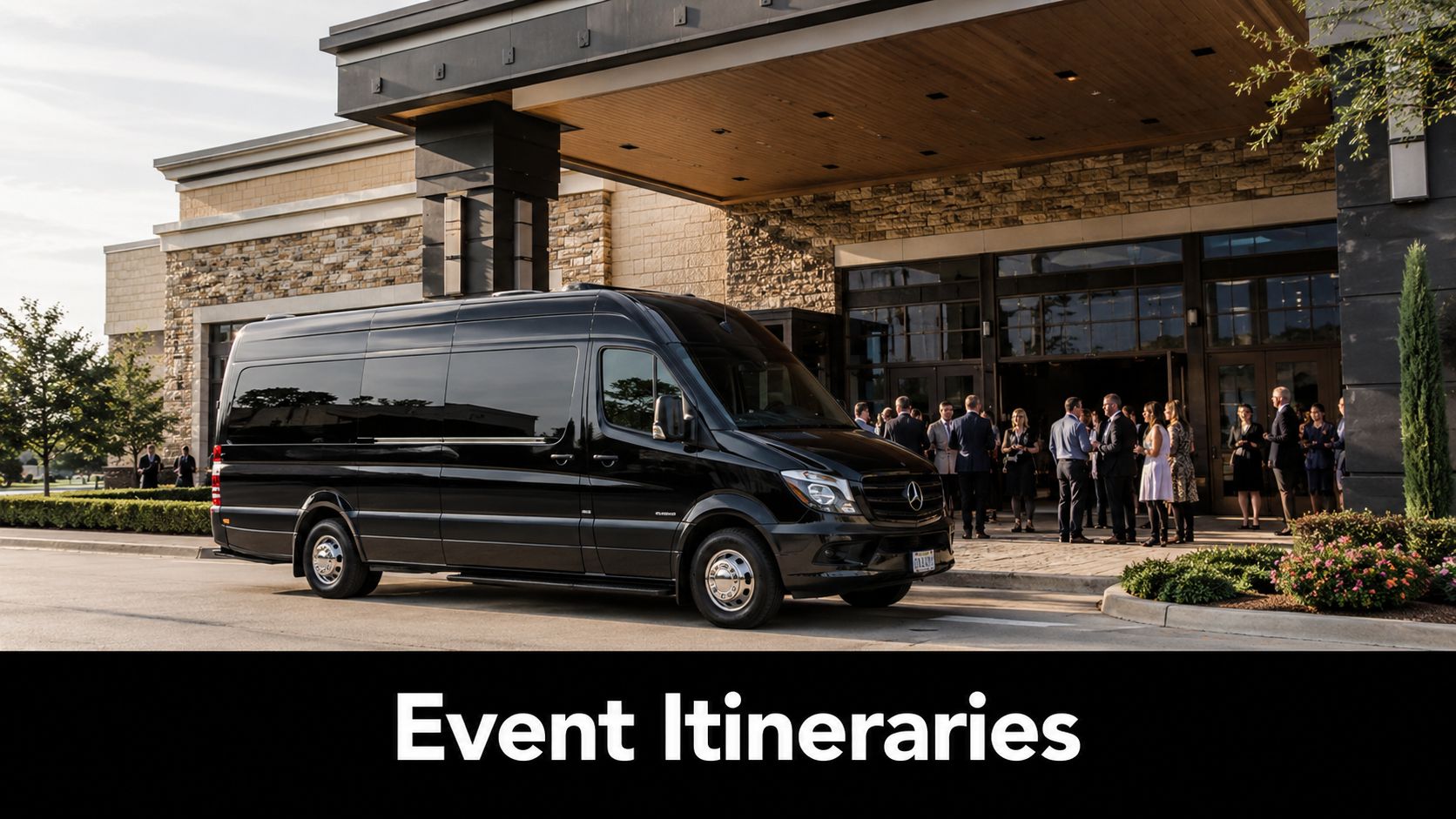 A black luxury passenger van parked in front of a modern building with people gathered outside.
