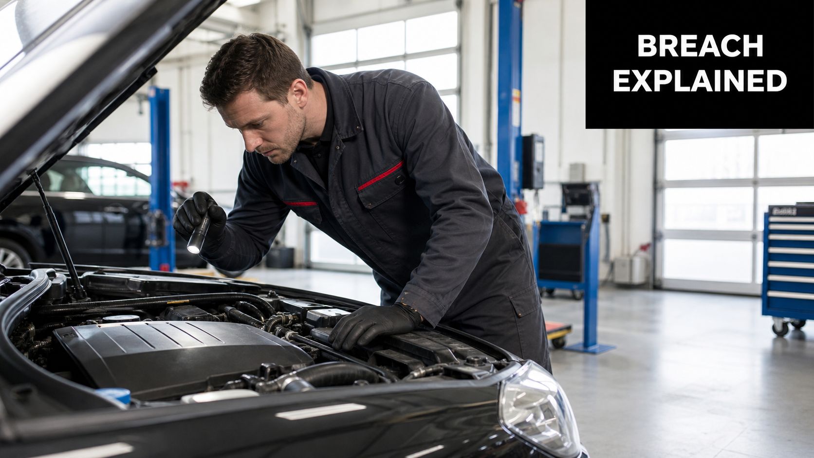 A professional mechanic in a dark uniform inspects a car engine with a flashlight in a workshop.