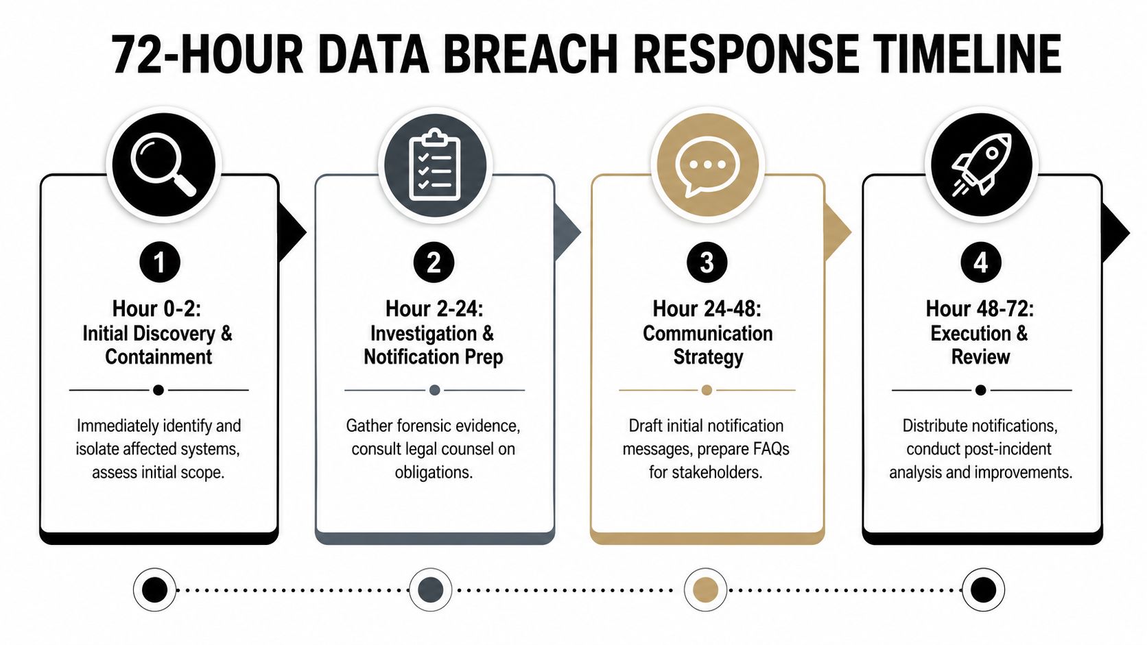 A four-step infographic illustrating a 72-hour data breach response timeline, from initial discovery to final review.