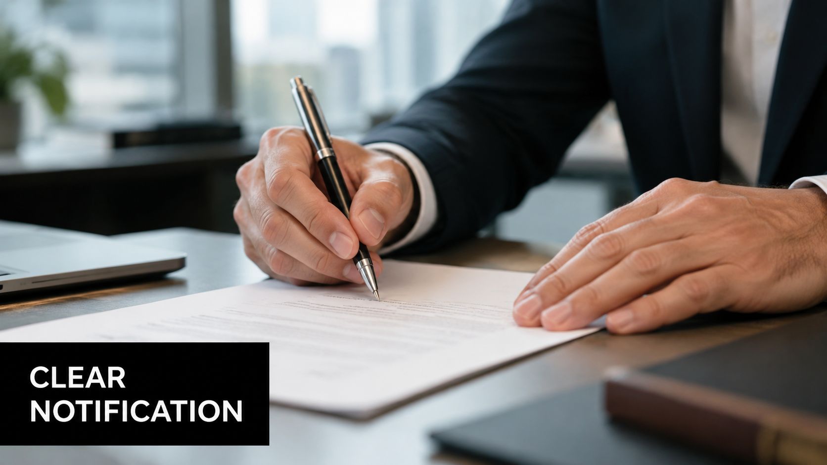 A professional in a suit signs a formal document with a pen at an office desk.