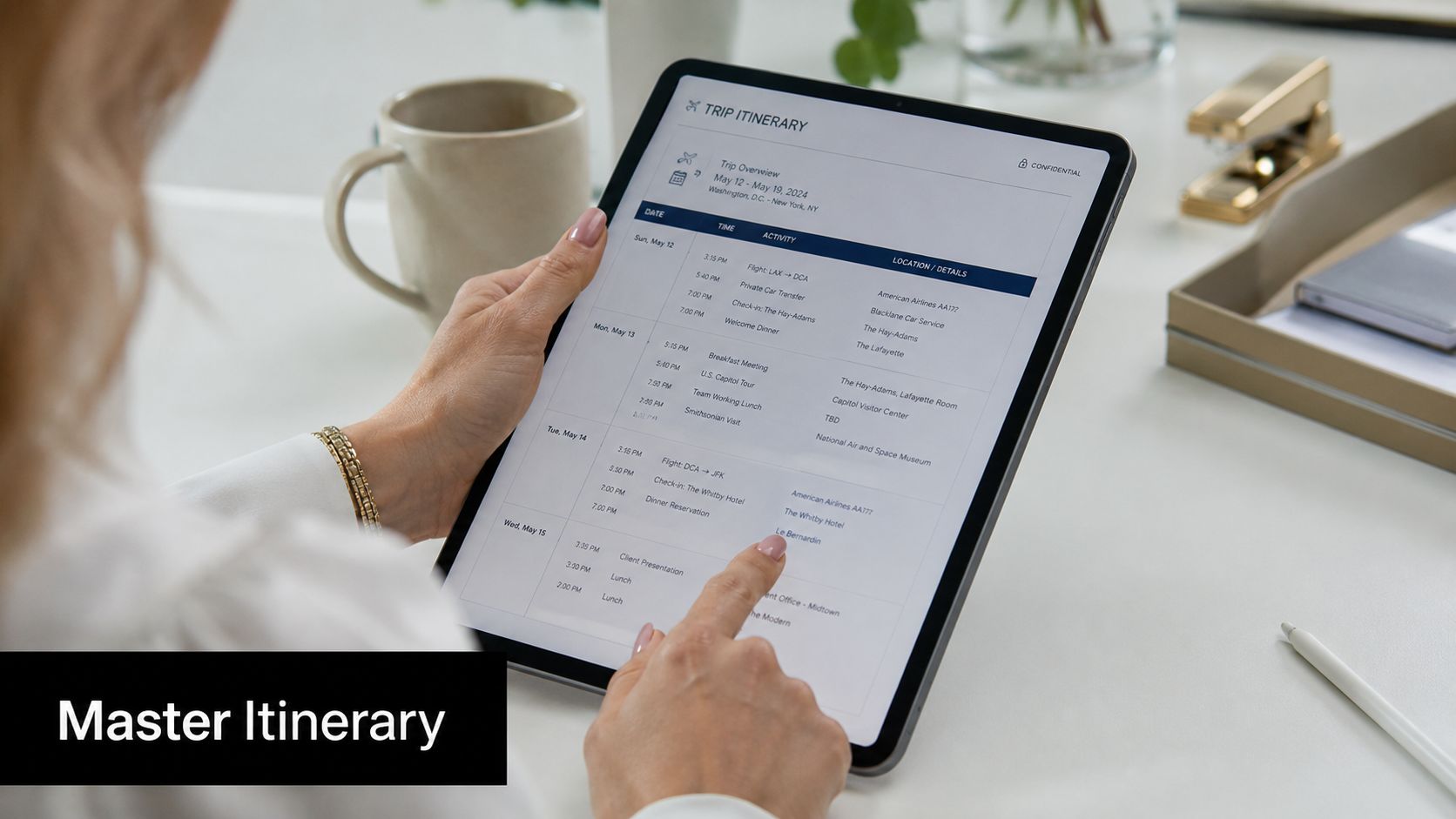 A person holding a tablet displaying a detailed business trip itinerary for a professional travel plan.