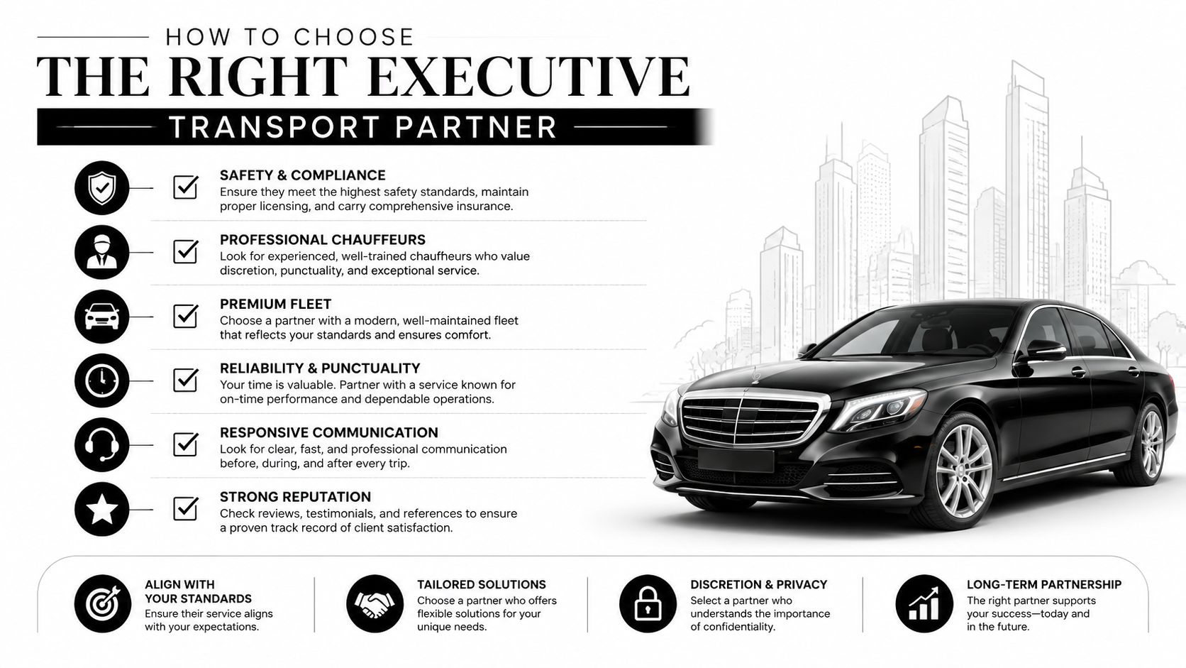 An infographic detailing key considerations for choosing the right executive transport partner for professional services.