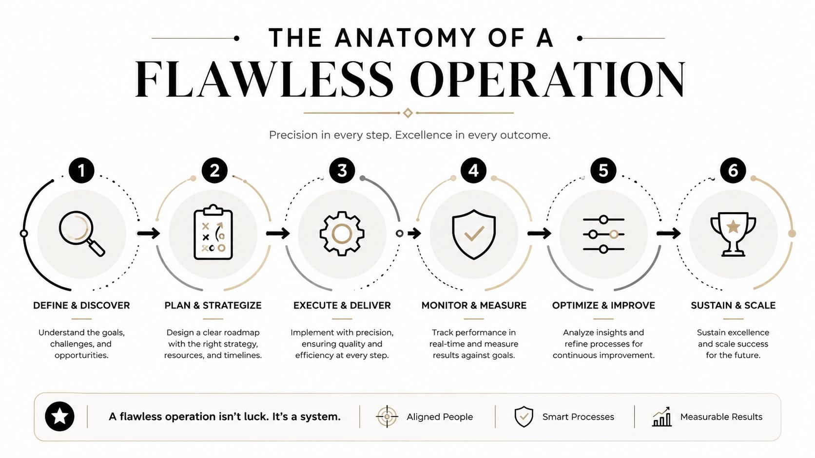A six-step infographic illustrating a strategic business process for achieving operational excellence and success.