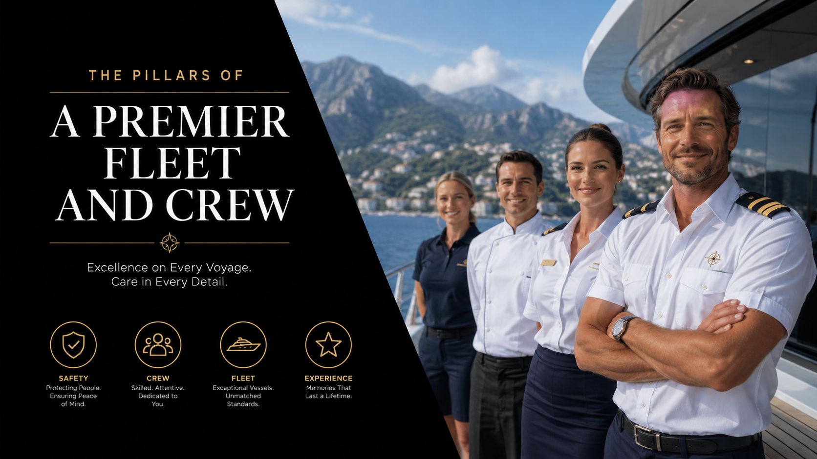 A professional yacht crew standing on deck with mountains in the background, promoting premier fleet and services.