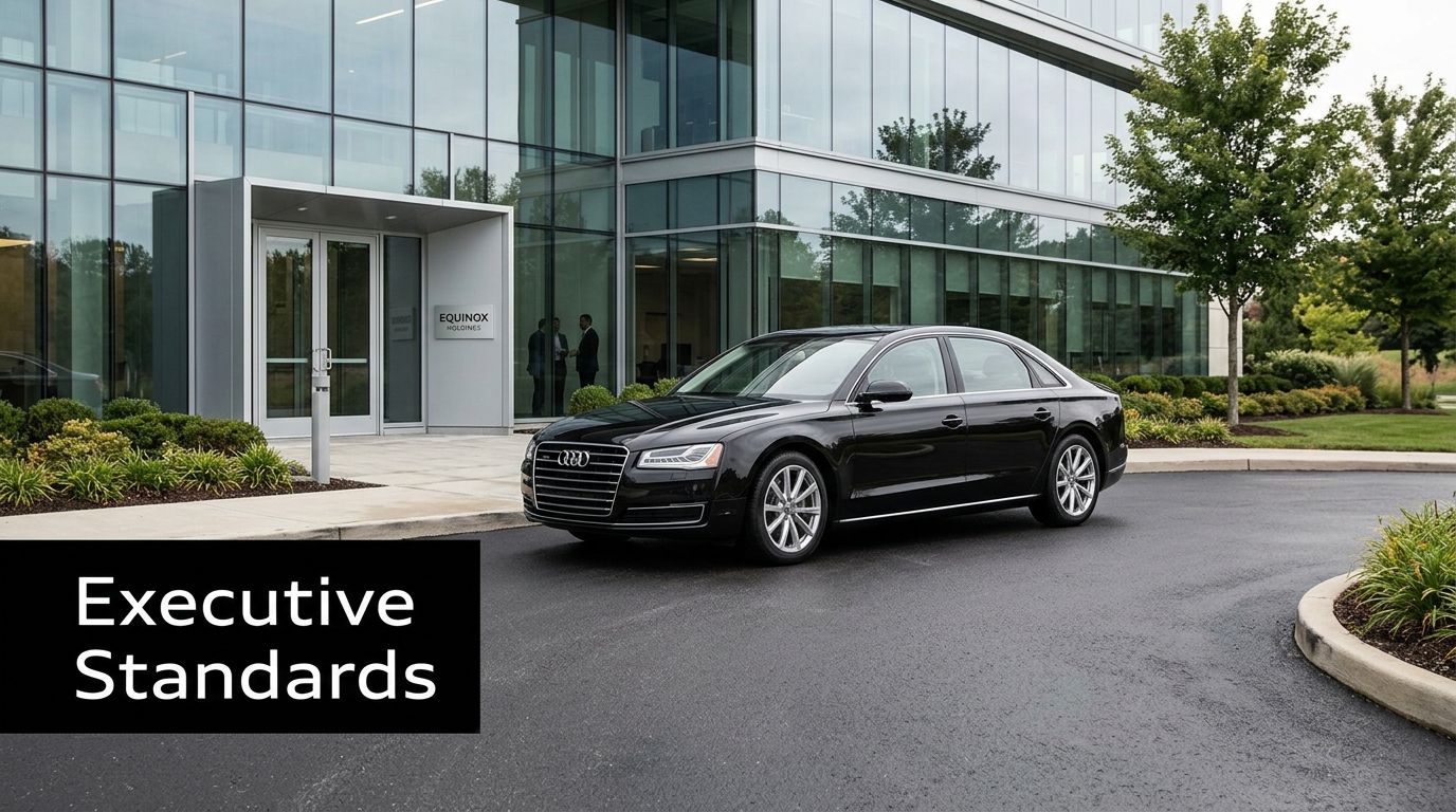 A black Audi luxury sedan parked outside a modern glass office building with professional landscaping.
