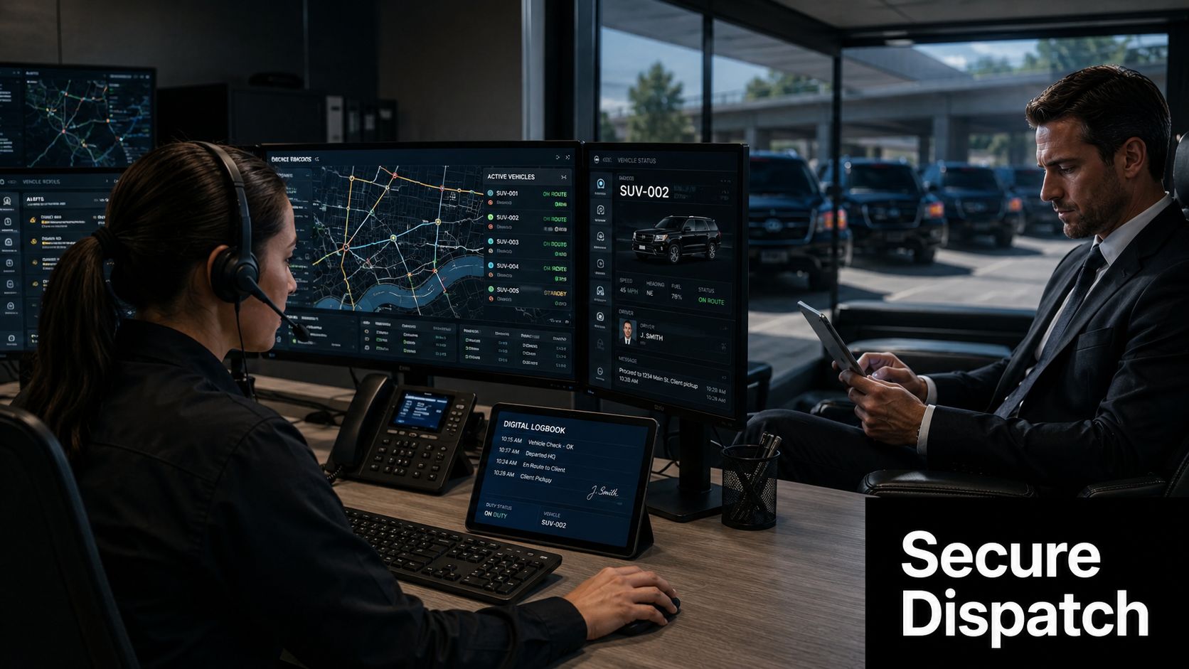 A professional dispatcher and manager coordinating secure group transportation services using advanced digital tracking and communication systems.