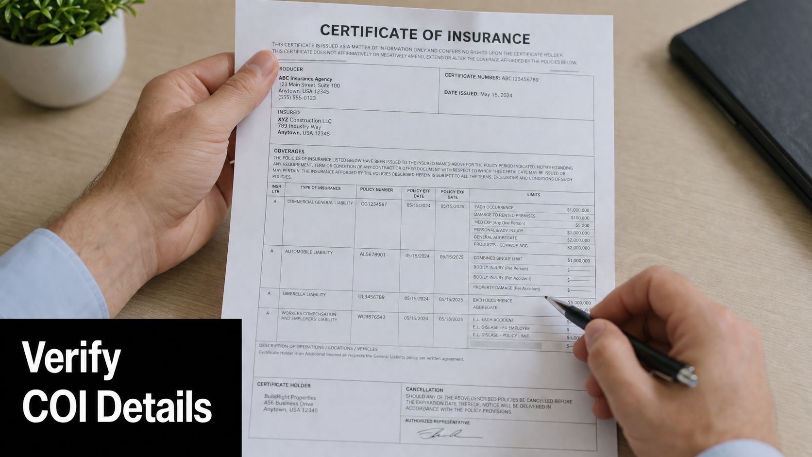 A person reviewing an insurance certificate showing coverage details for XYZ Construction LLC on a wooden desk.