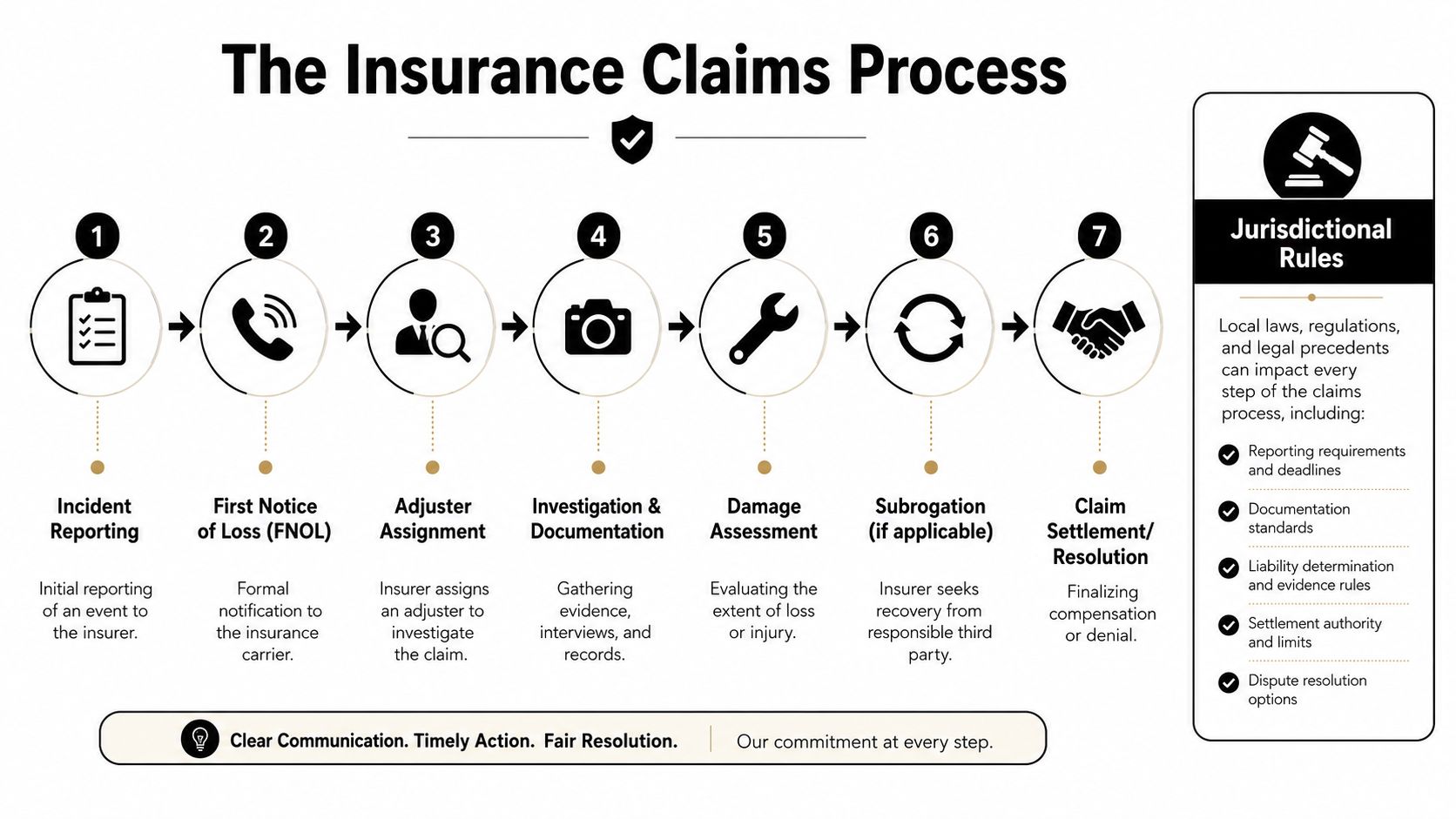 A seven-step flowchart infographic outlining the insurance claims process from initial reporting to final settlement.