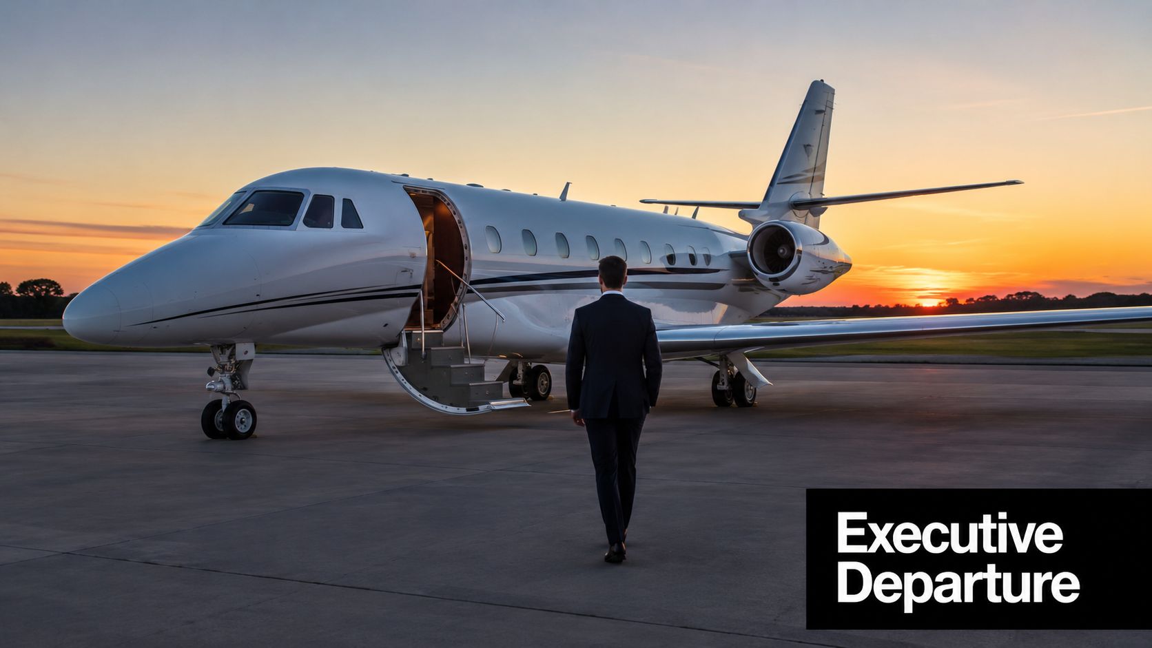A businessman in a suit walking towards a private jet parked on a runway at sunset.