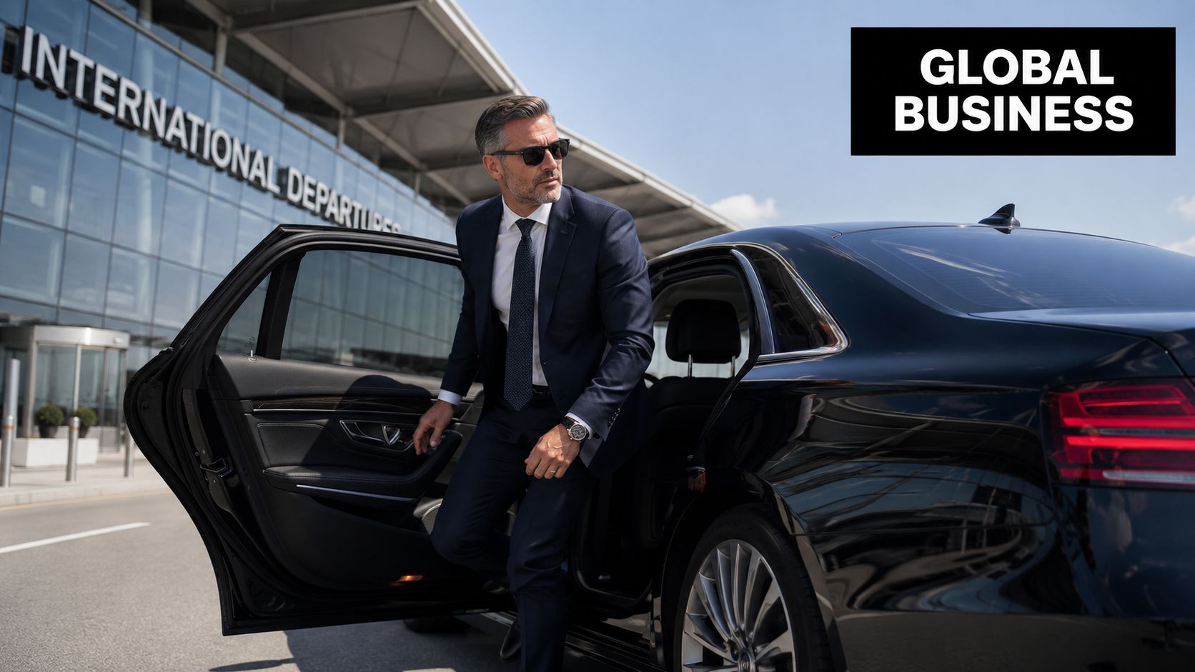 A sophisticated businessman stepping out of a black luxury car in front of an international airport terminal.