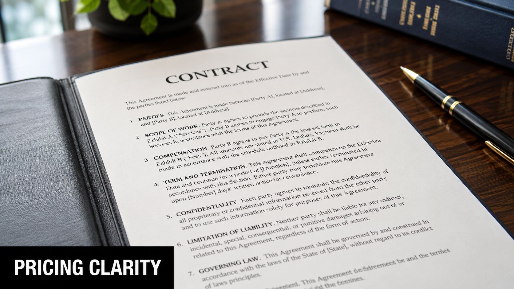 A professional contract document rests on a dark wooden desk beside a fountain pen and a ledger.
