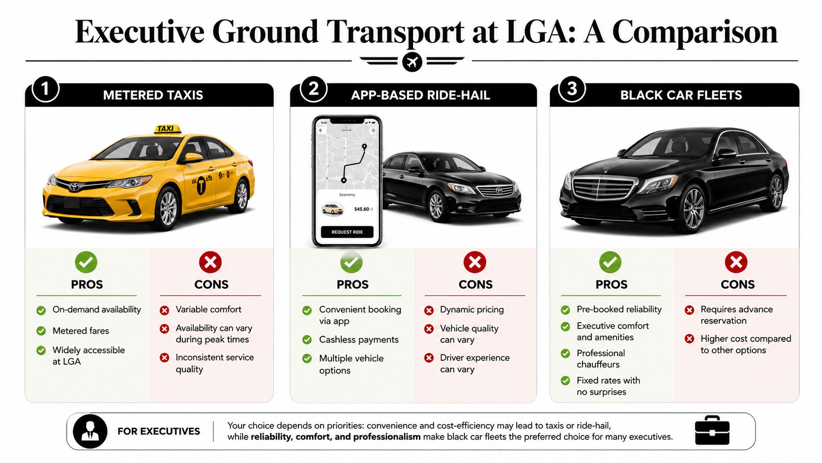 A comparison chart of airport ground transportation options at LGA including taxis, ride-hailing apps, and black car services.