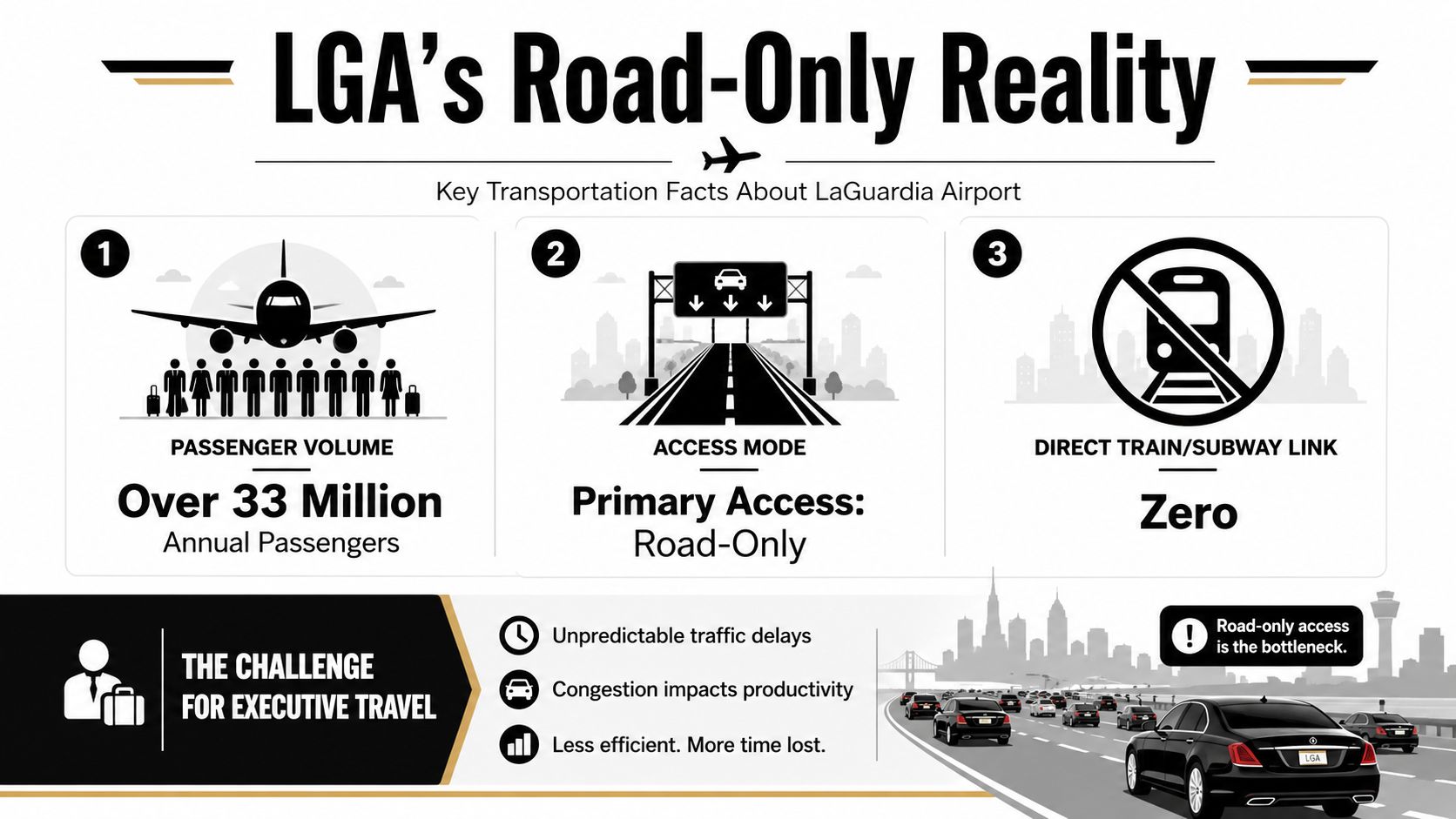An infographic titled LGA's Road-Only Reality showing the challenges of ground transportation at LaGuardia Airport.