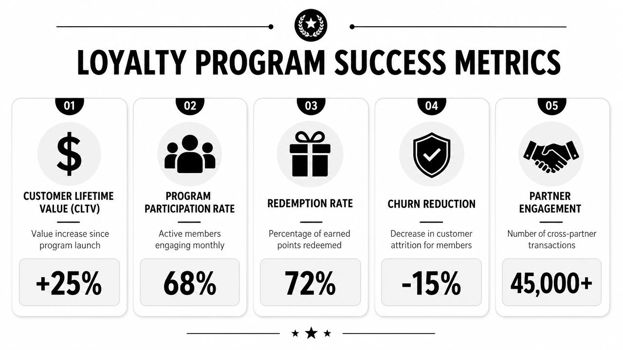 An infographic titled Loyalty Program Success Metrics showing five key performance indicators for a business loyalty scheme.