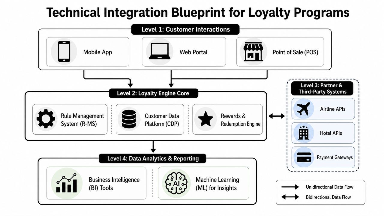 A diagram illustrating a technical integration blueprint for loyalty programs, showing data flow across four key levels.