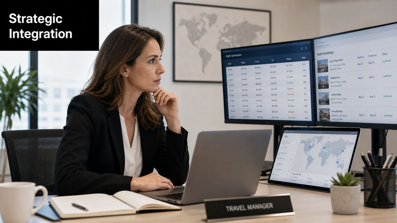 A professional travel manager reviews flight schedules and hotel bookings on computer screens at her office desk.