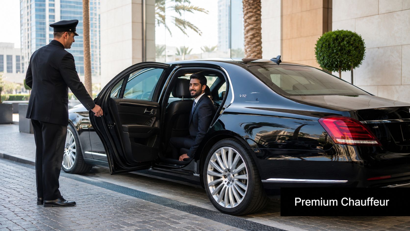 A professional chauffeur in a uniform opens the door for a businessman exiting a luxury black sedan.