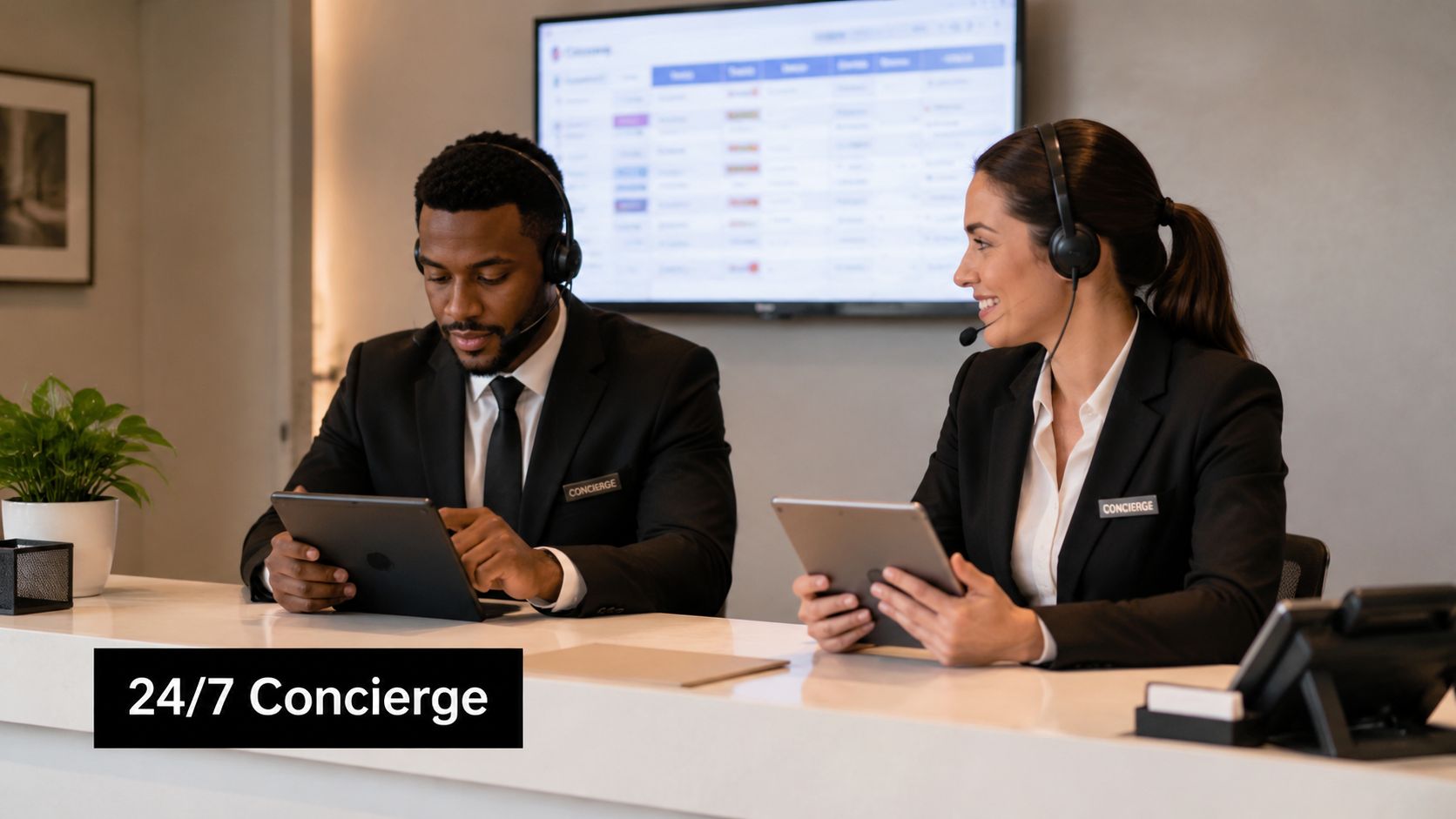 Two professional concierge staff members wearing headsets and suits assist guests via tablets in a modern lobby.