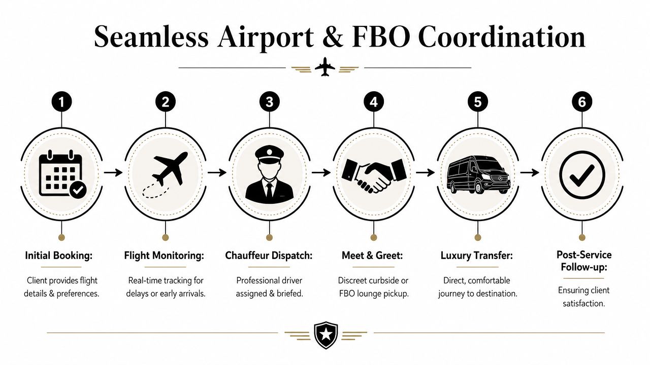 A six-step infographic illustrating the professional luxury airport and FBO ground transportation coordination process for clients.