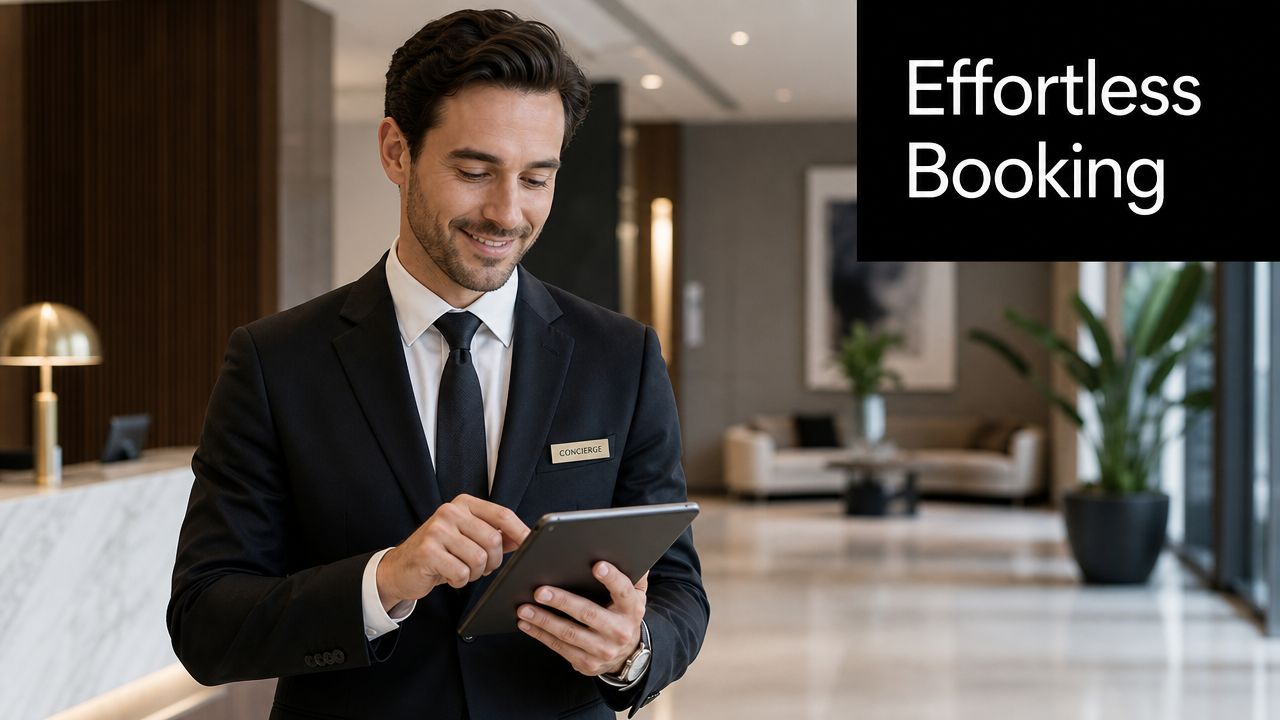 A professional concierge in a suit holding a tablet inside a modern luxury hotel lobby.