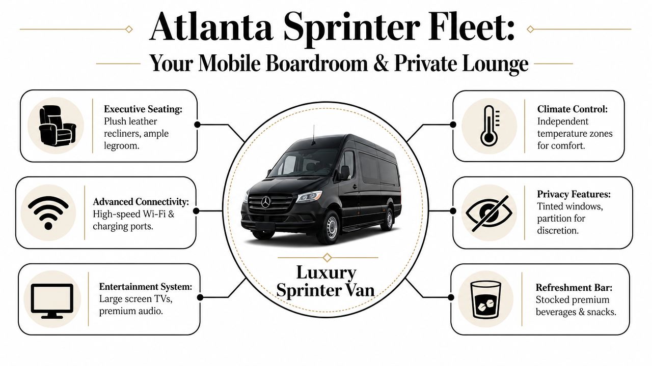 A black luxury Mercedes Sprinter van showcasing its premium interior features and amenities for corporate travel.