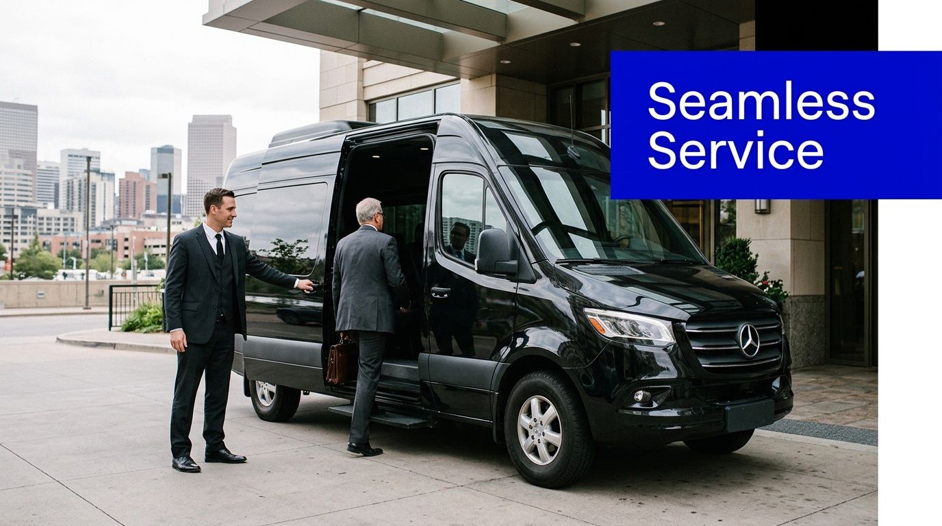 A professional chauffeur assists a businessman entering a luxury black Mercedes Sprinter van at a hotel.