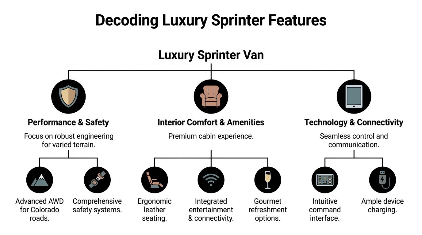 An infographic detailing key luxury features of a sprinter van, including performance, interior comfort, and advanced technology.