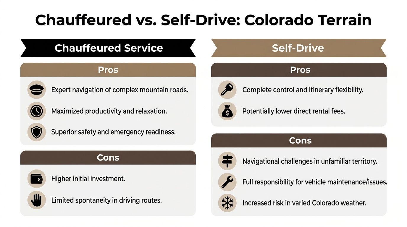 A comparison chart outlining the pros and cons of chauffeured services versus self-driving in Colorado terrain.
