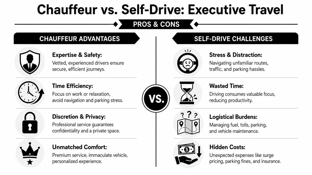 A comparison chart outlining the advantages of chauffeur services versus the challenges of self-drive executive travel.