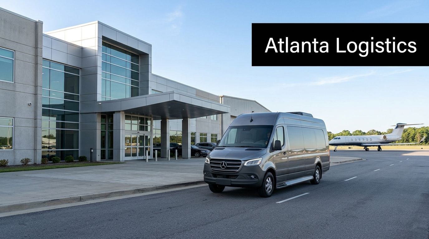 A modern Mercedes luxury van parked in front of a corporate building near a private jet