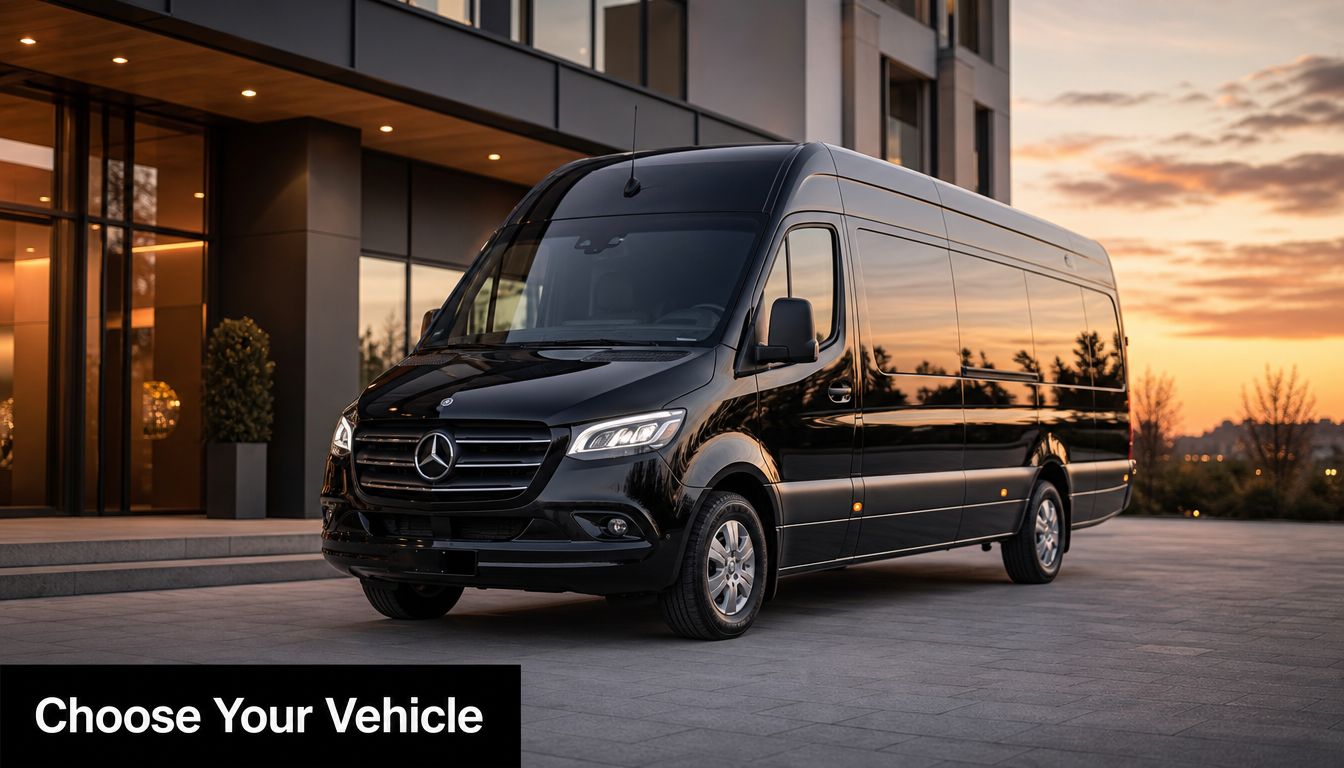 A luxurious black Mercedes-Benz Sprinter van parked in front of a modern office building at sunset.