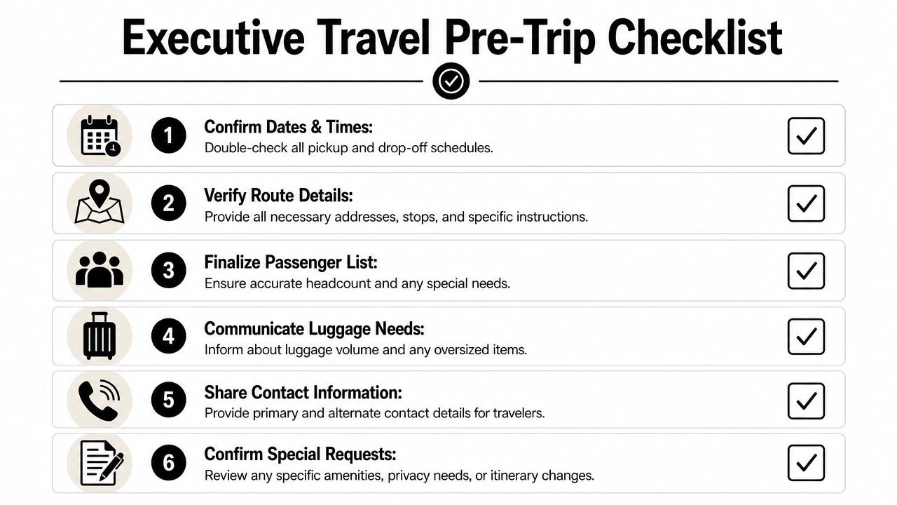 A six-step executive travel pre-trip checklist graphic for planning business transportation and travel arrangements effectively.
