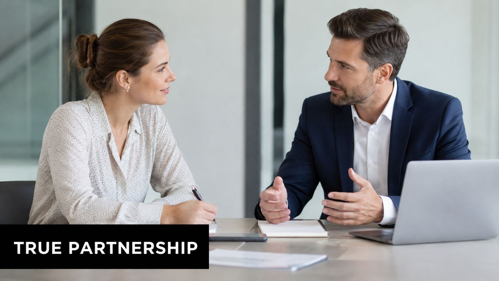 A professional man and woman in a bright office environment having a collaborative business meeting together.