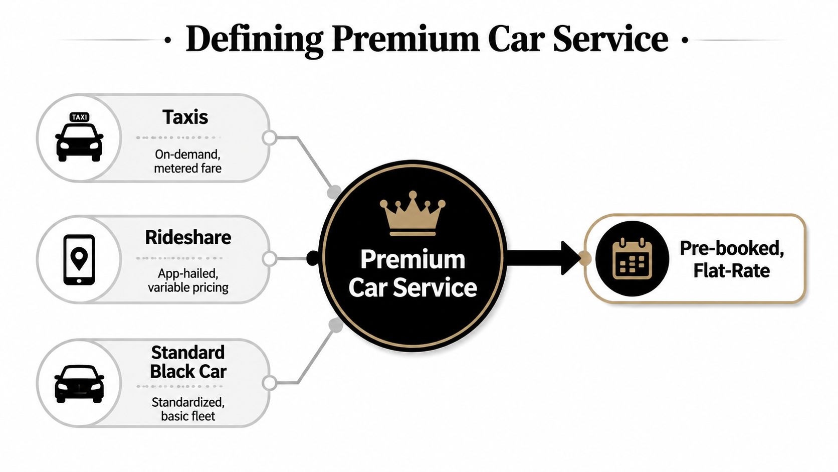 A diagram comparing traditional taxi, rideshare, and standard black car services to a premium car service model.
