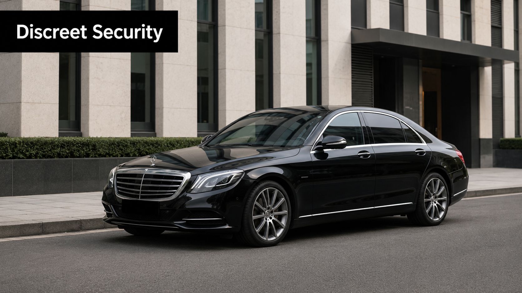 A sleek black luxury Mercedes-Benz parked in front of a modern corporate office building for security services.