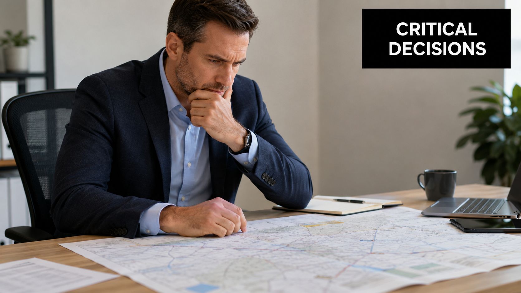 A professional man in a suit pondering over a large detailed map on his office desk.