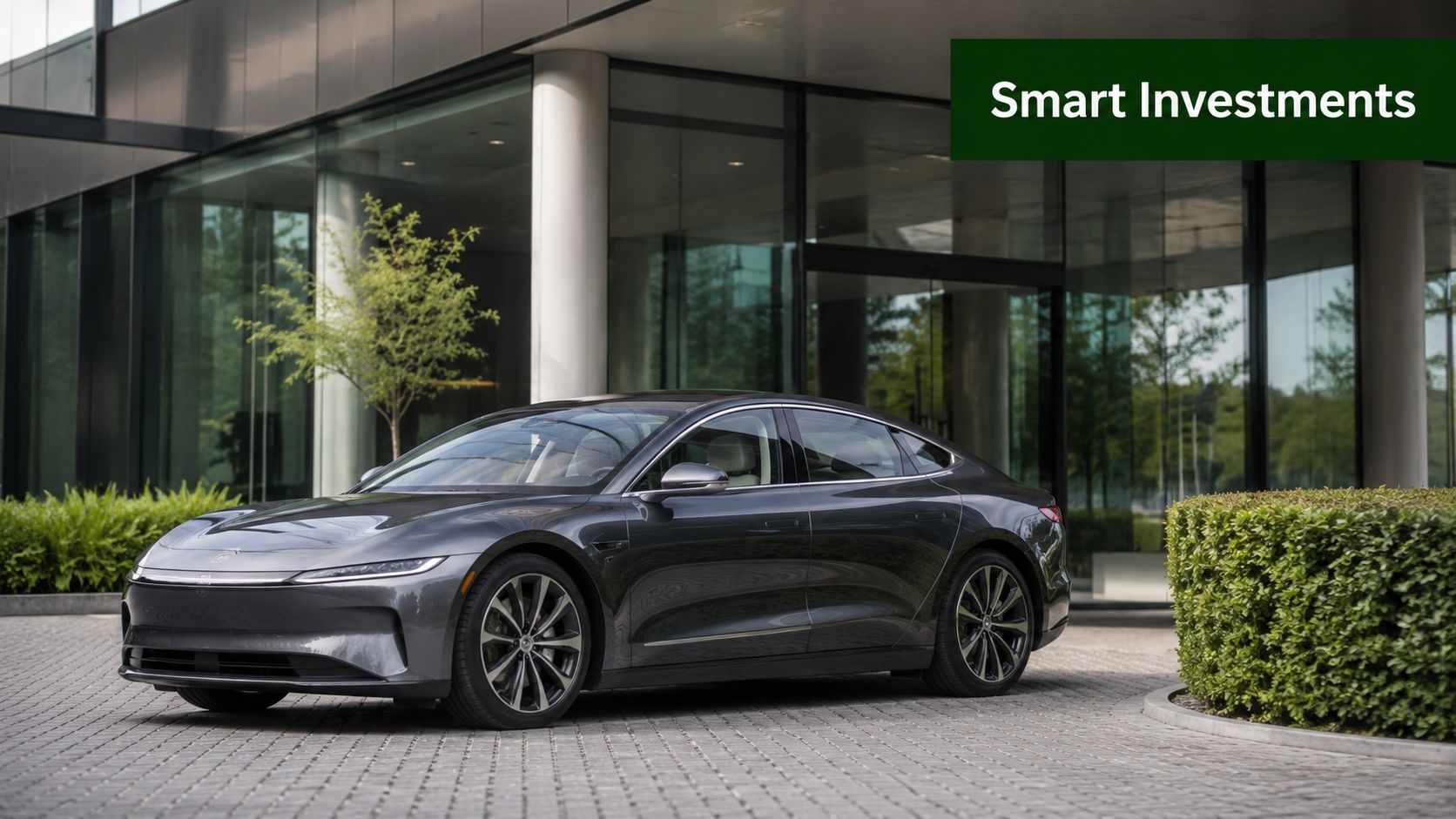 A modern grey electric car parked in front of a contemporary glass and steel office building.