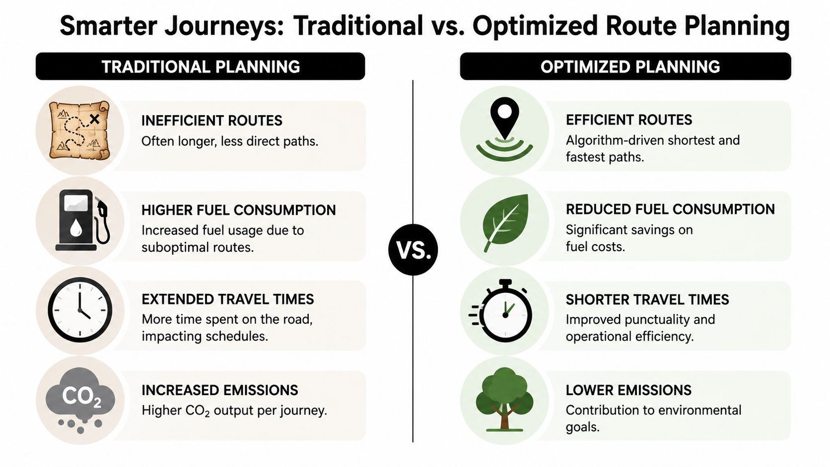 A comparison infographic showing the benefits of optimized route planning versus traditional inefficient travel methods.
