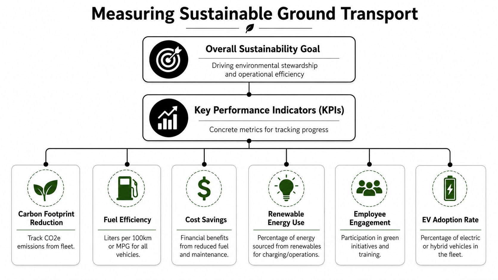 A flowchart outlining metrics for measuring sustainable ground transport including KPIs like carbon footprint and fuel efficiency.