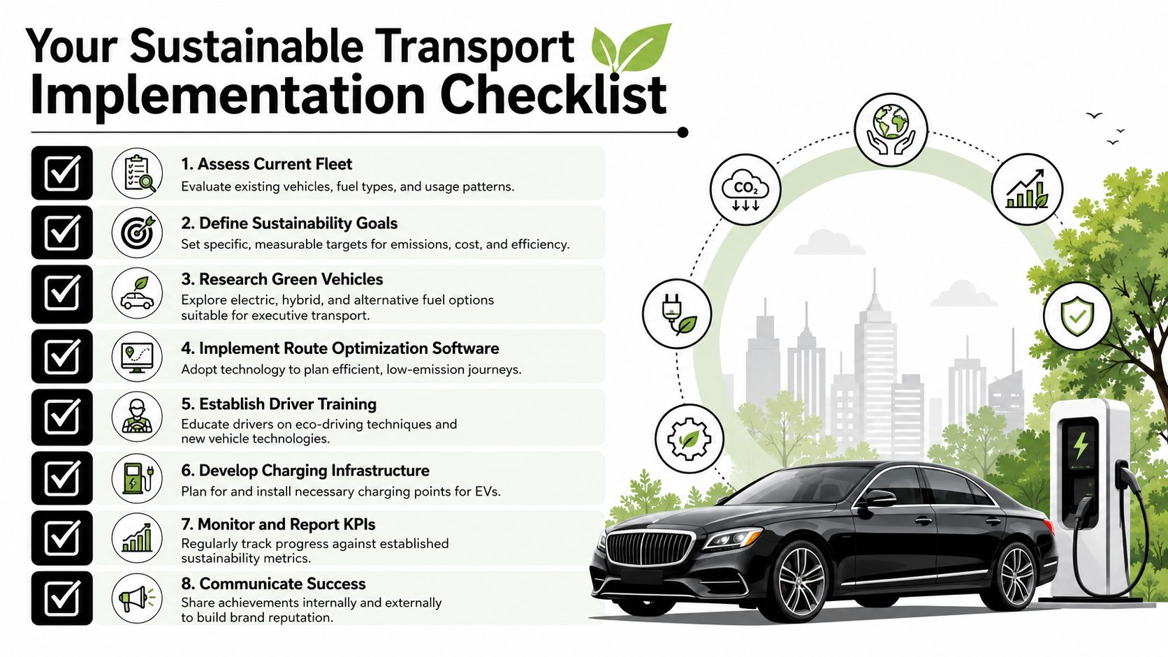 A checklist infographic outlining eight steps for implementing sustainable transport and reducing fleet carbon emissions.