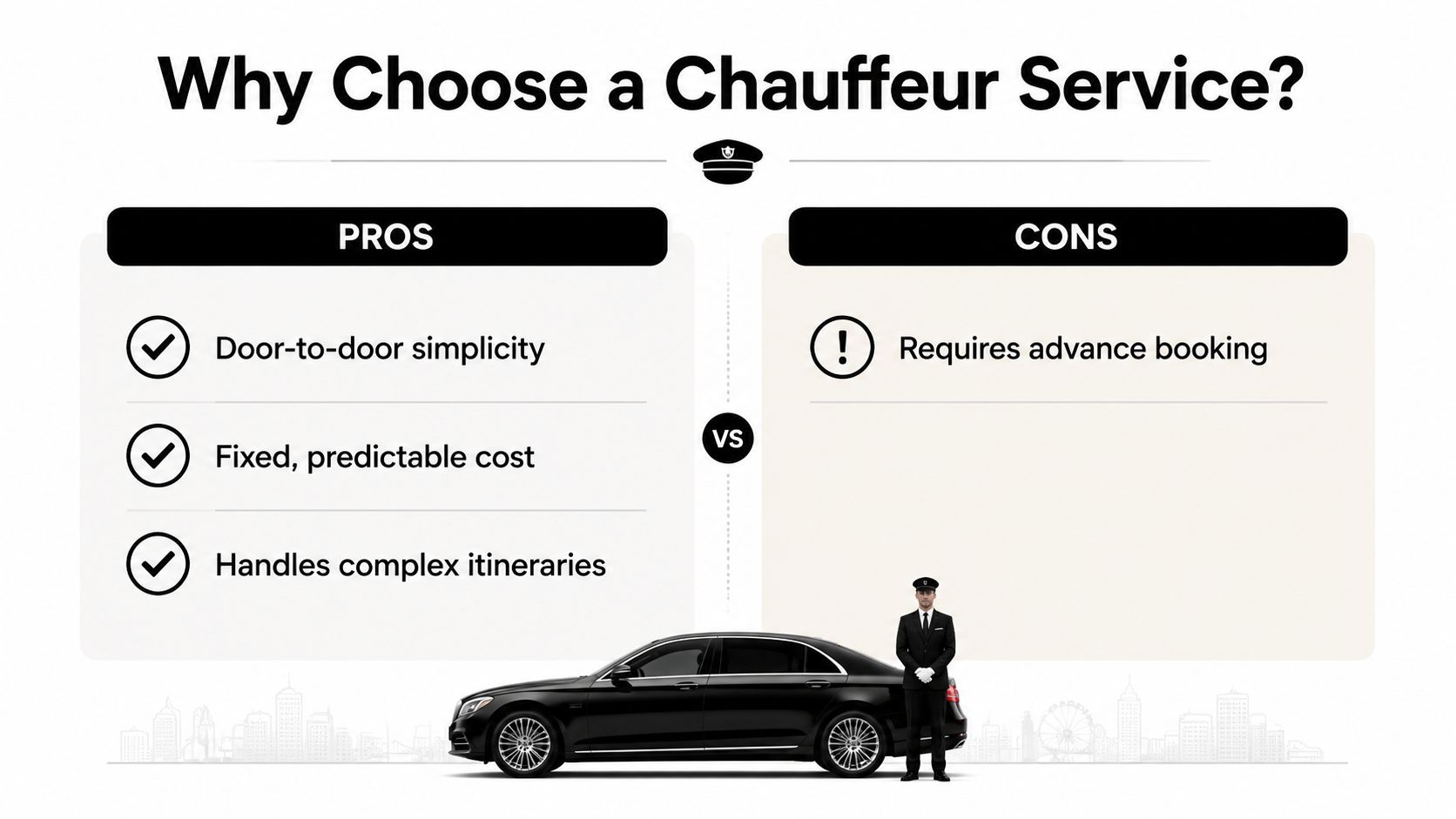 An infographic comparing the pros and cons of hiring a professional chauffeur service for transportation needs.
