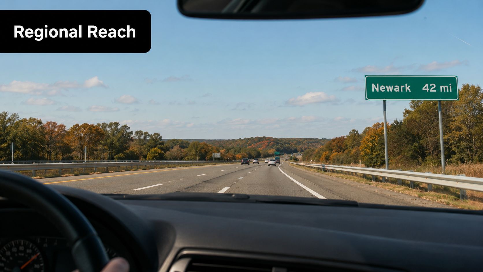 A view from inside a car driving on a highway toward Newark, forty-two miles away.