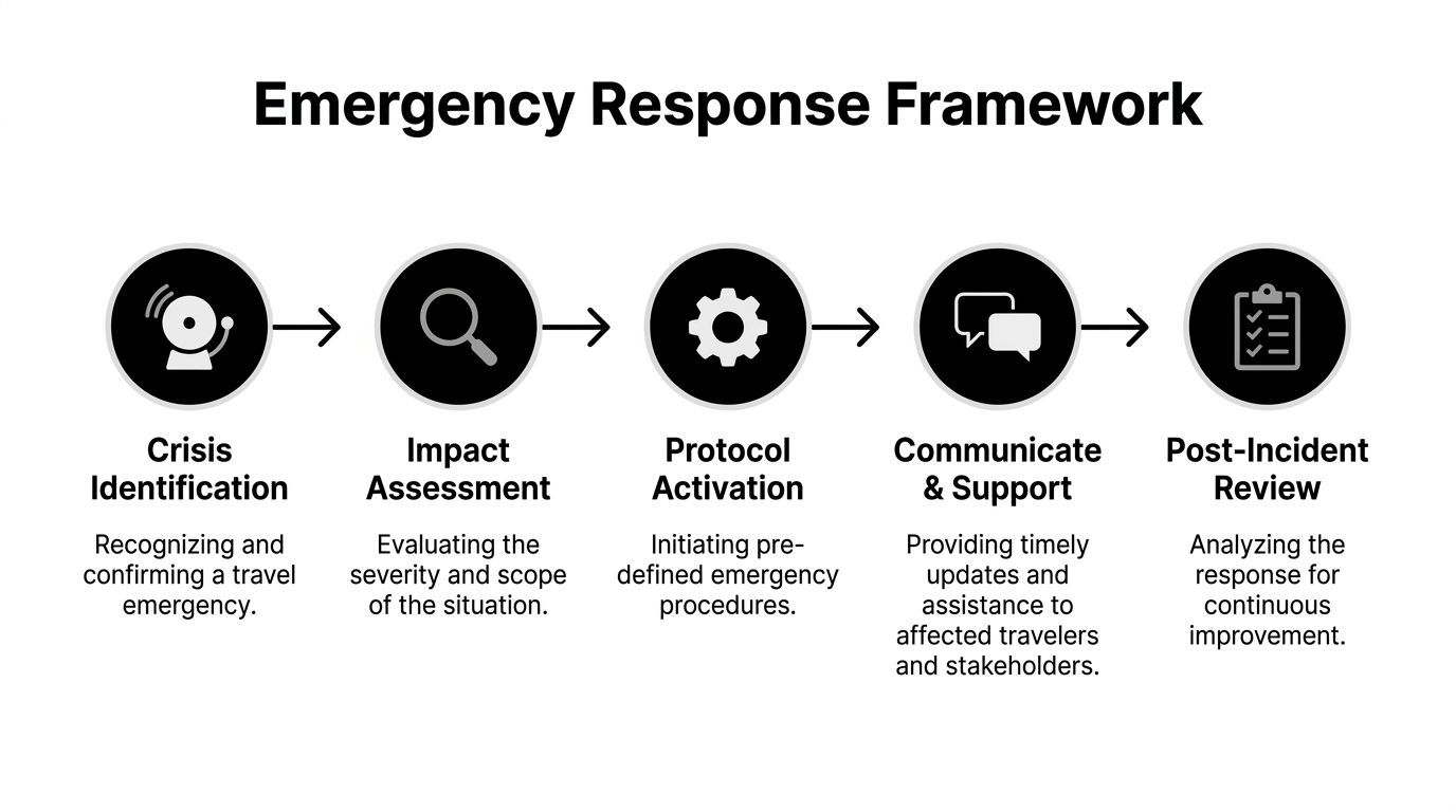 A five-step flowchart illustrating an emergency response framework for managing travel crises and incidents.