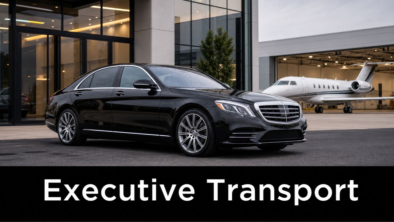 A black luxury sedan parked outside a modern glass building with a private jet in the background.
