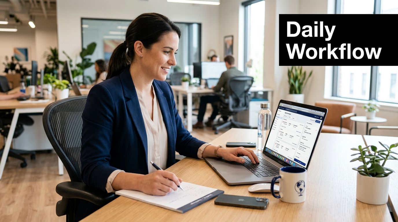 A professional woman working at her desk in a modern office, typing on a laptop and taking notes.