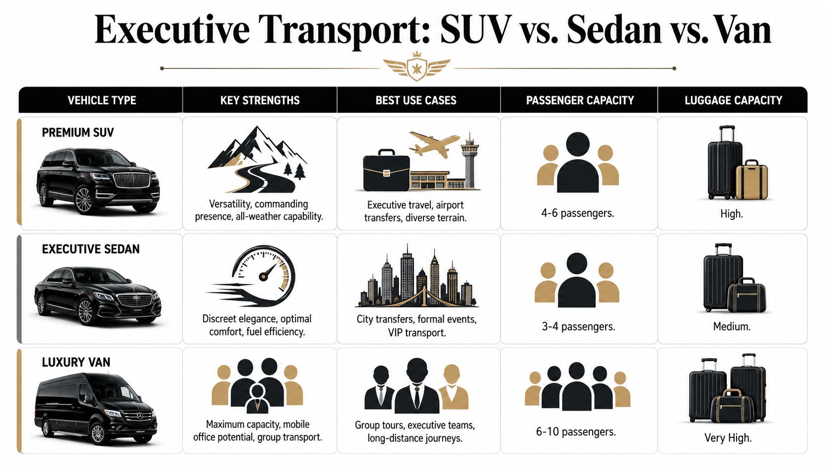 A comparison chart outlining the key differences, capacities, and best use cases for premium SUVs, executive sedans, and luxury vans.