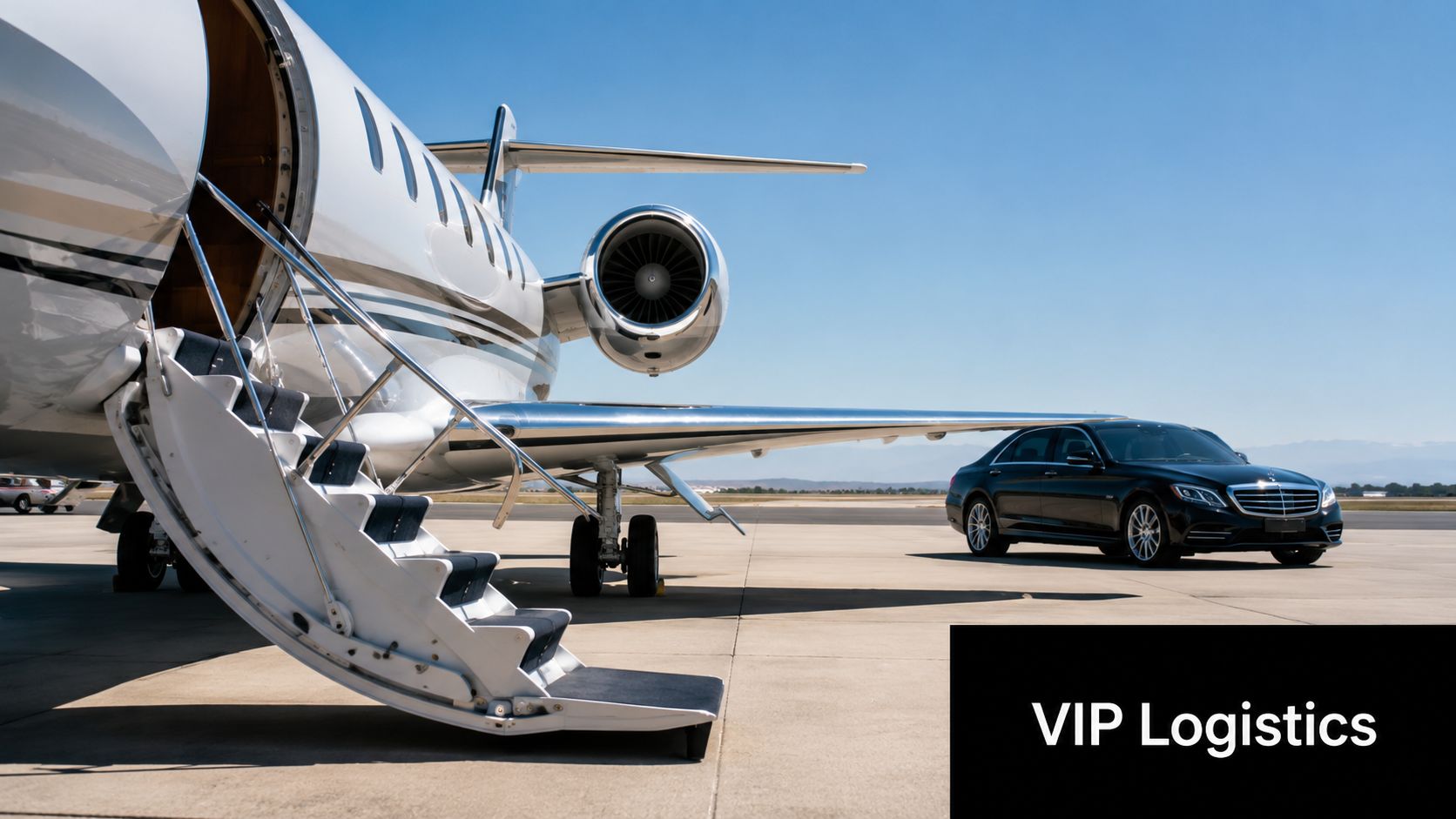 A black luxury sedan parked next to a private jet with stairs deployed on the airport tarmac.