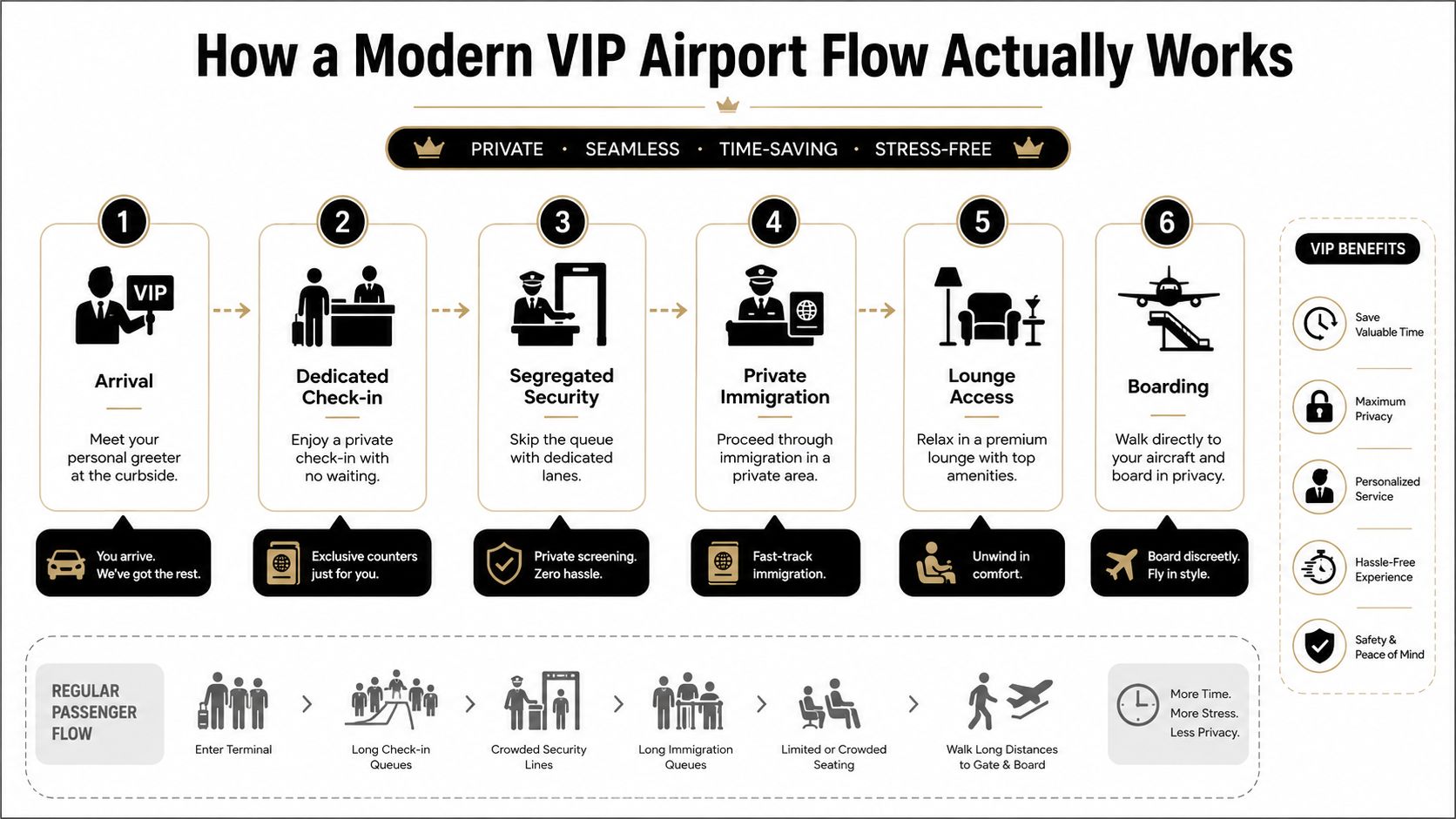 An infographic comparing the seamless VIP airport experience with the traditional crowded passenger airport flow.