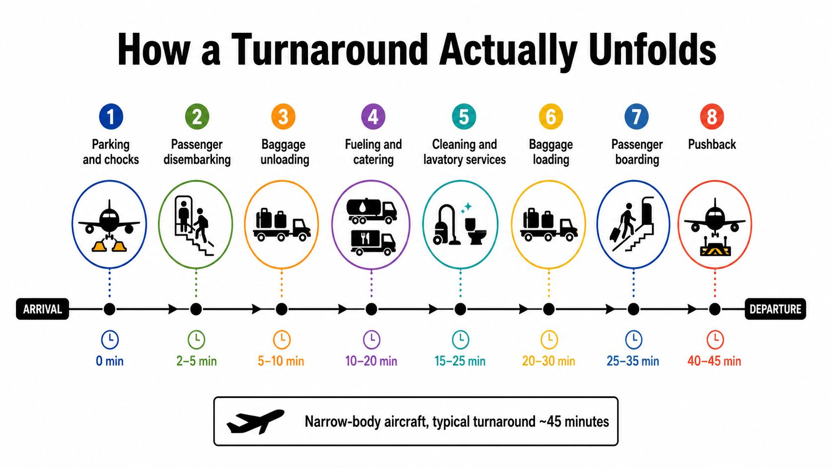 A diagram outlining the sequential steps of an aircraft turnaround process from arrival to departure.